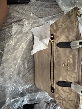 Michael Kors Taupe Leopard-Print Shoulder Bag with Gold Hardware